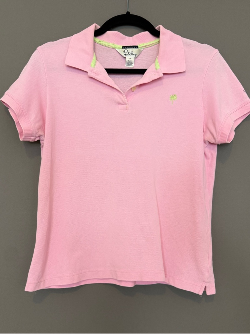 Lilly Pulitzer Polo Shirt Pink Palm Logo Pima Cotton Stretch Size M